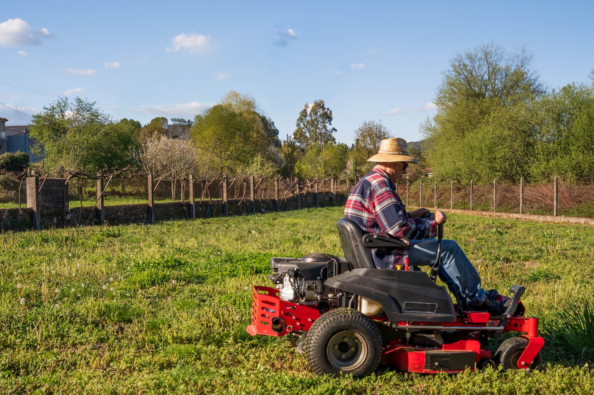 Man mowing spring lawn on red tractor in garden