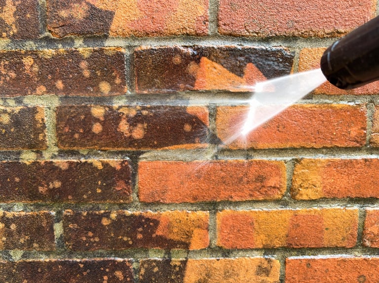 Close up view of a pressure washer being used to clean dirty bricks