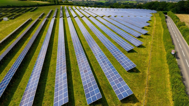 Aerial drone view of a newly constructed solar farm with green landscape