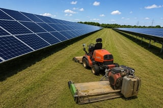 Worker on orange tractor maintaining grass between rows of solar panels