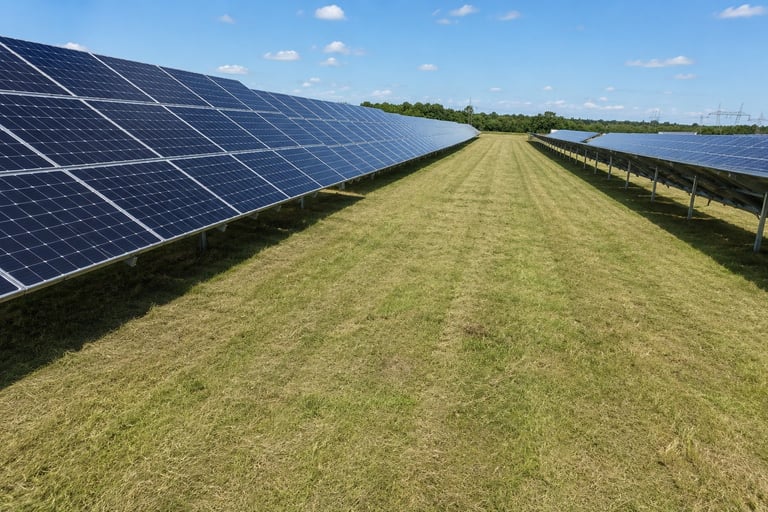 Large-scale solar panel farm with rows of blue photovoltaic panels flanking a green grass pathway under a clear sky